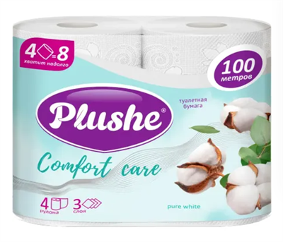 ТБ Plushe "Comfort care" Pure White 3 слоя, 4 рул, 25 м, 10 шт в уп. 81805 - фото 17567